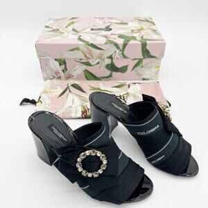 New Dolce & Gabbana Black Crystal Buckle Bow Charmeuse Slide Mule Heels IT 37